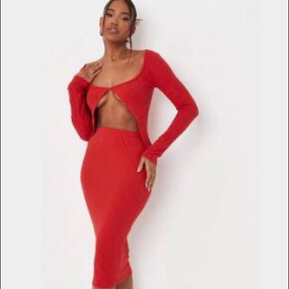 ❌ SOLD ❌ Missguided-NEW-Recycled Rib Red Cardigan & Midi Skirt Set Size 10 - Picture 15 of 15